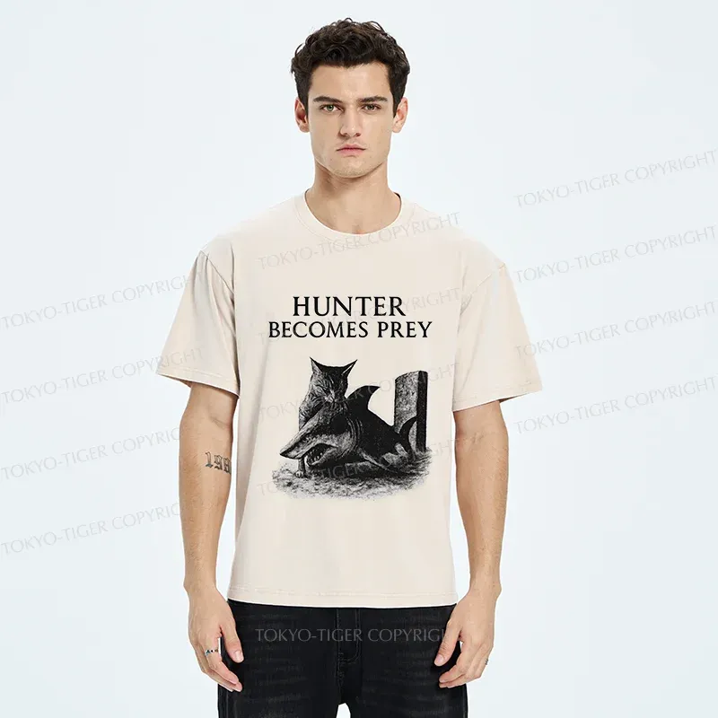 Tokyo-Tiger Cat Eats Shark Washed T-Shirt