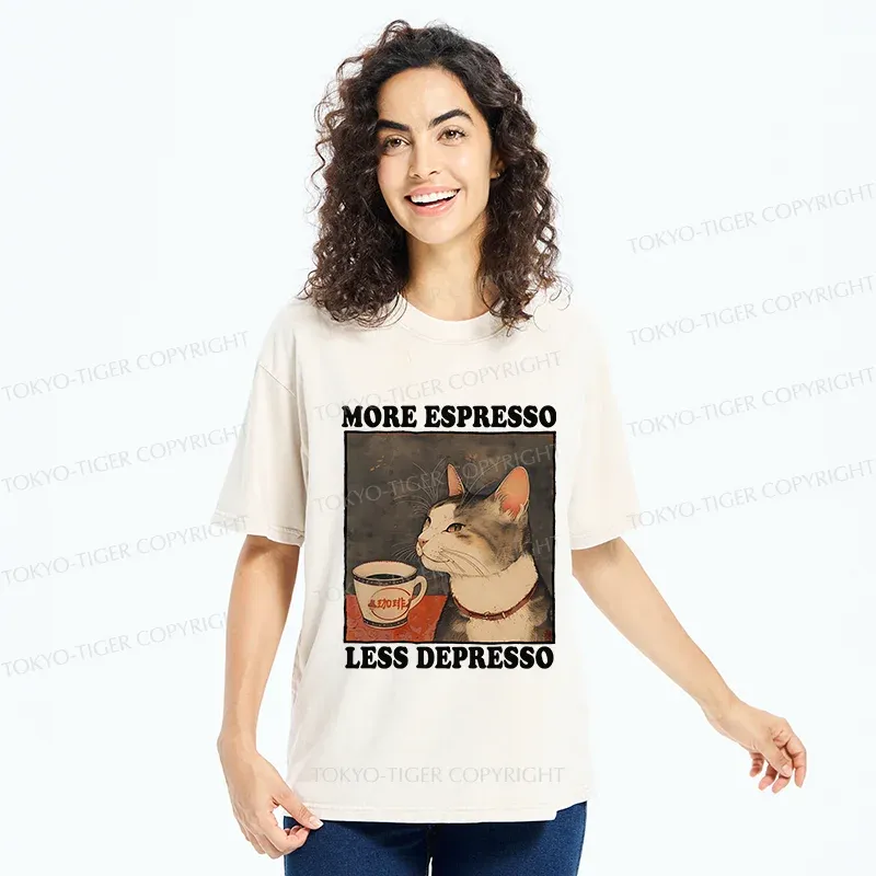 Tokyo-Tiger Cute Cat Drinking Coffee Washed T-Shirt