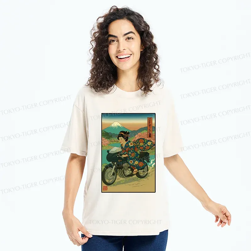 Tokyo-Tiger Geisha Riding A Motorcycle Washed T-Shirt