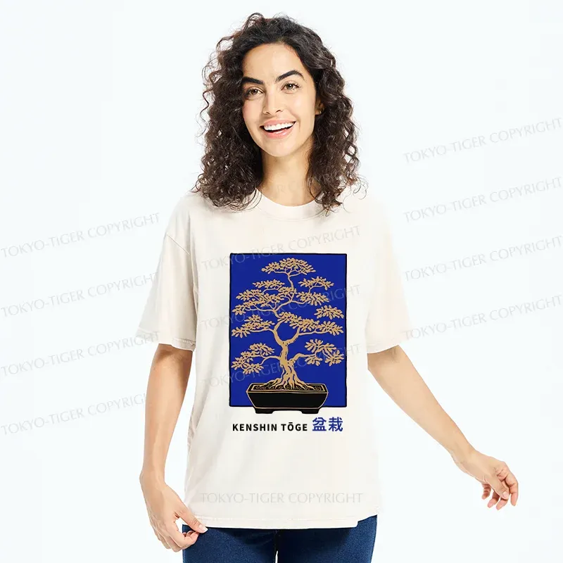 Tokyo-Tiger Japanese Bonsai Woodcut Washed T-Shirt