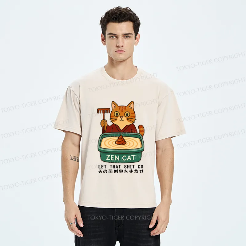 Tokyo-Tiger Funny Zen Cat Let That Go Meme Washed T-Shirt