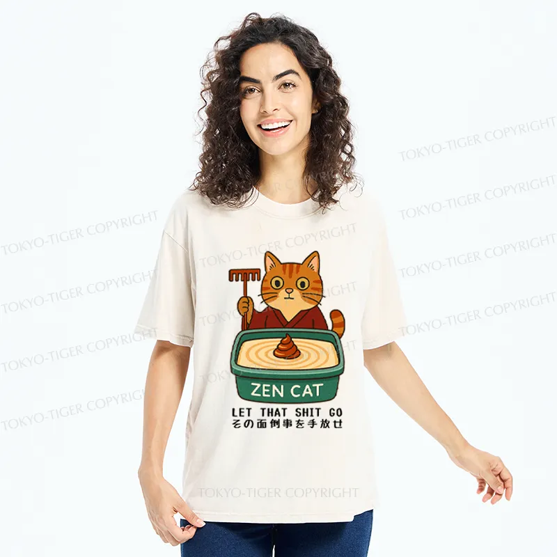 Tokyo-Tiger Funny Zen Cat Let That Go Meme Washed T-Shirt