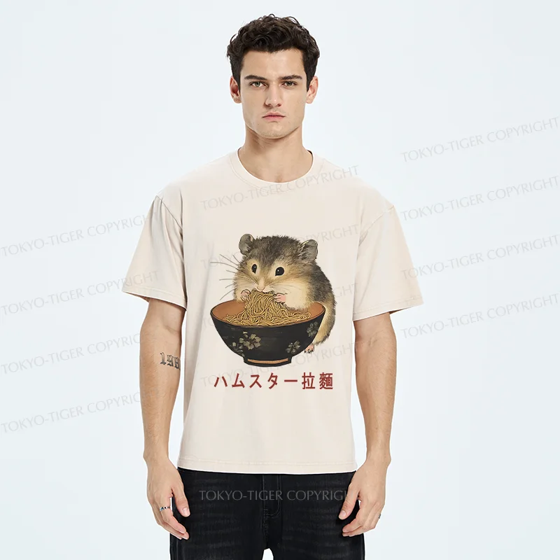 Tokyo-Tiger Hamster Eating Ramen Washed T-Shirt