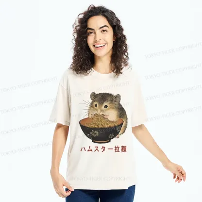 Tokyo-Tiger Hamster Eating Ramen Washed T-Shirt