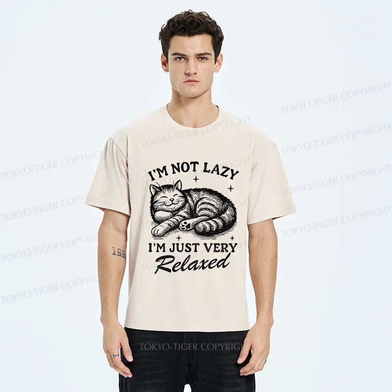Tokyo-Tiger Lazy Cat Funny Washed T-Shirt