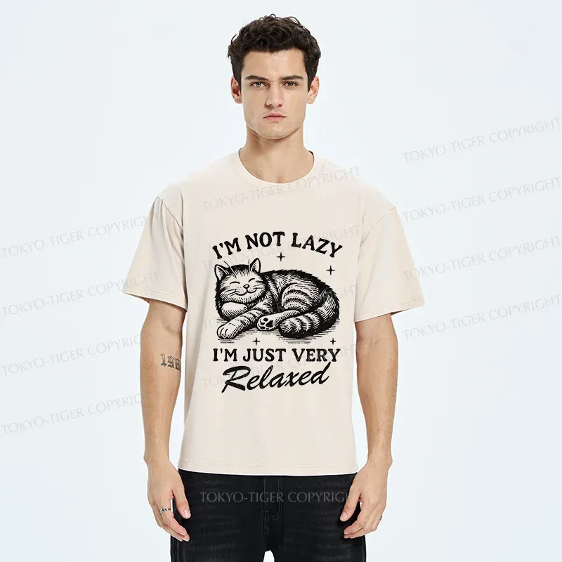 Tokyo-Tiger Lazy Cat Funny Washed T-Shirt