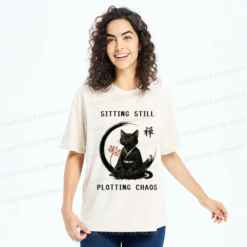 Tokyo-Tiger Sitting still  plotting chaos Calming Zen Cat Funny Washed T-Shirt