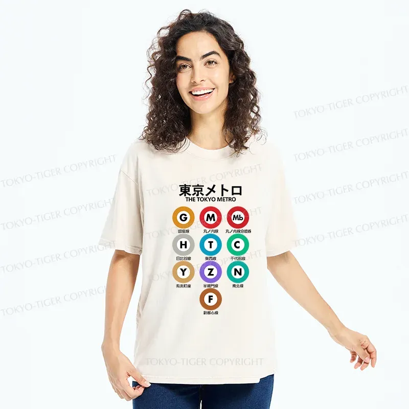 Tokyo-Tiger Japanese Subway Signs Washed T-Shirt