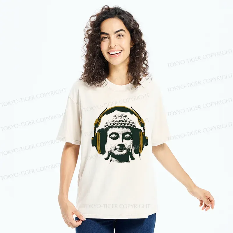 Tokyo-Tiger Buddha Listening To Music Washed T-Shirt