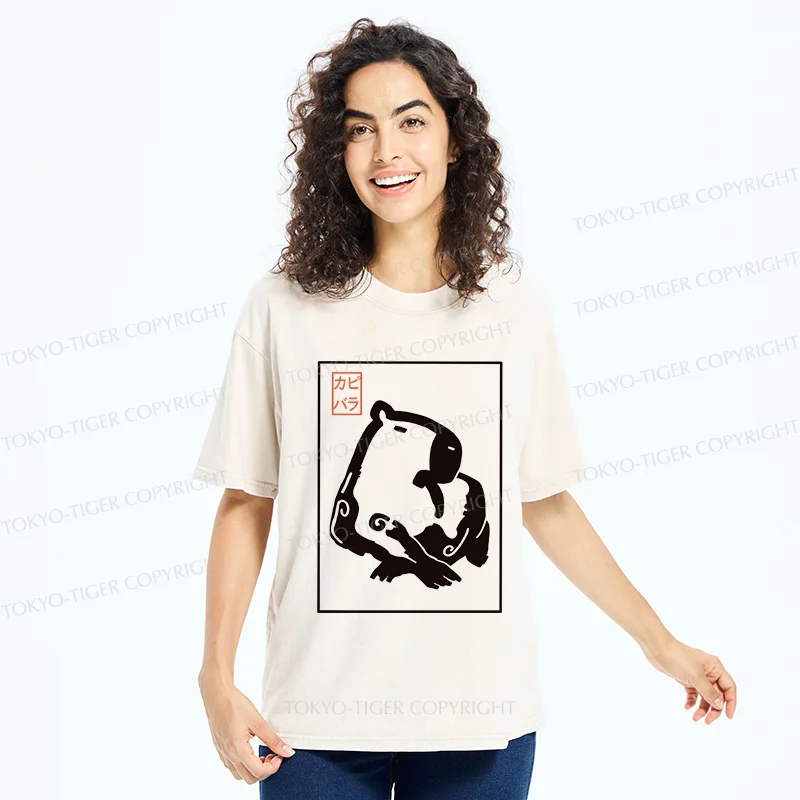 Tokyo-Tiger Woodblock Print Capybara Washed T-Shirt