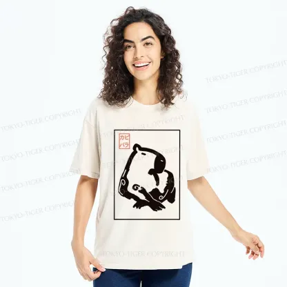 Tokyo-Tiger Woodblock Print Capybara Washed T-Shirt