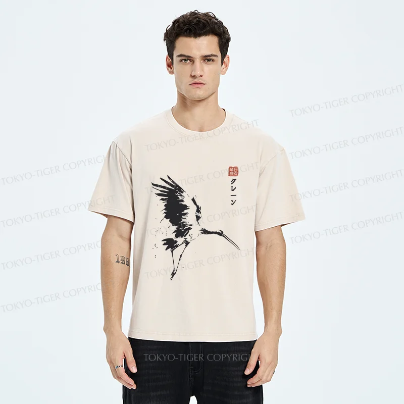 Tokyo-Tiger Japanese Crane Ink Painting Washed T-Shirt