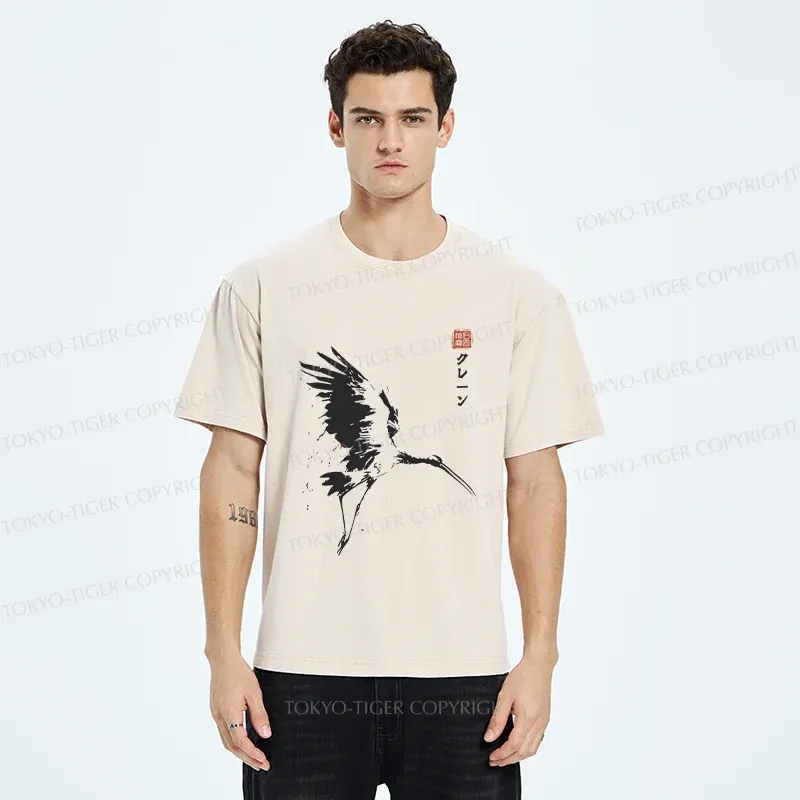 Tokyo-Tiger Japanese Crane Ink Painting Washed T-Shirt