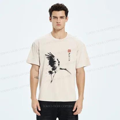 Tokyo-Tiger Japanese Crane Ink Painting Washed T-Shirt
