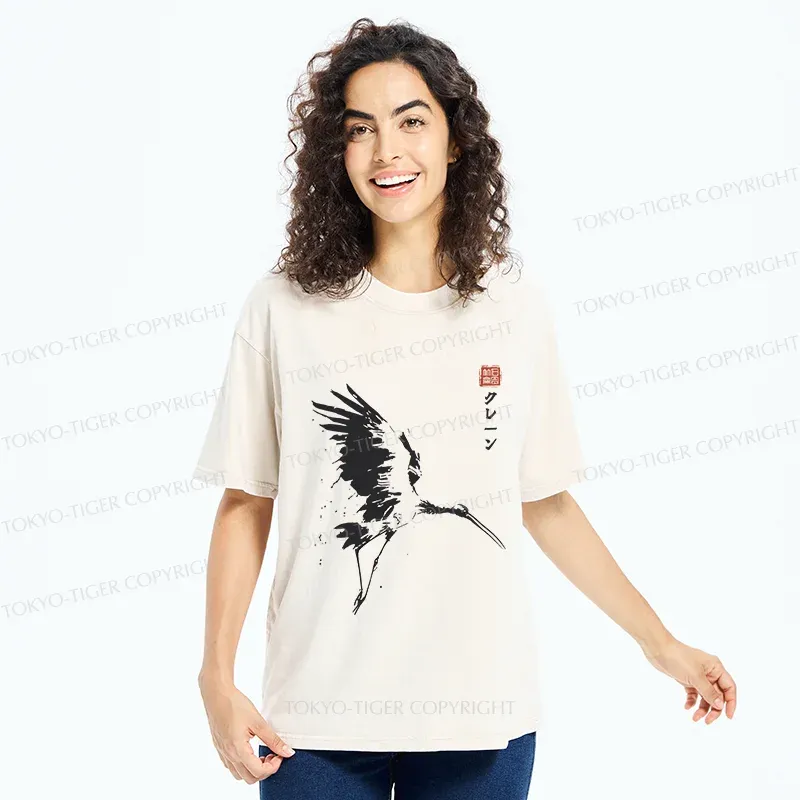 Tokyo-Tiger Japanese Crane Ink Painting Washed T-Shirt