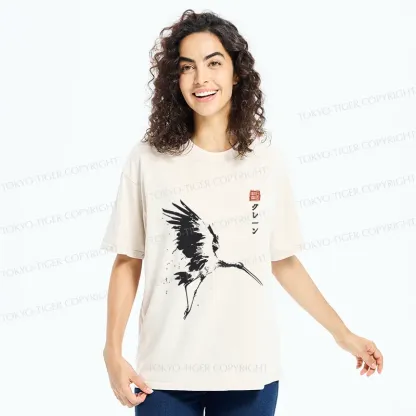 Tokyo-Tiger Japanese Crane Ink Painting Washed T-Shirt