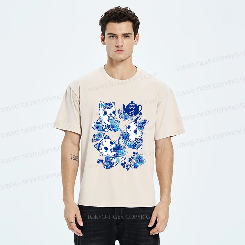 Tokyo-Tiger Blue And White Porcelain Washed T-Shirt