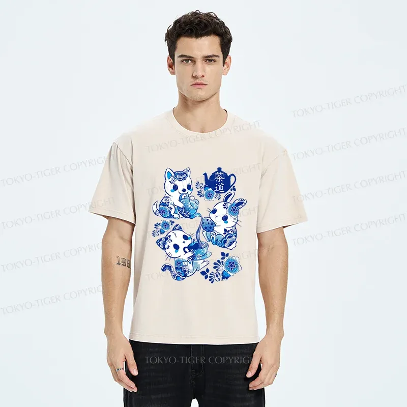 Tokyo-Tiger Blue And White Porcelain Washed T-Shirt