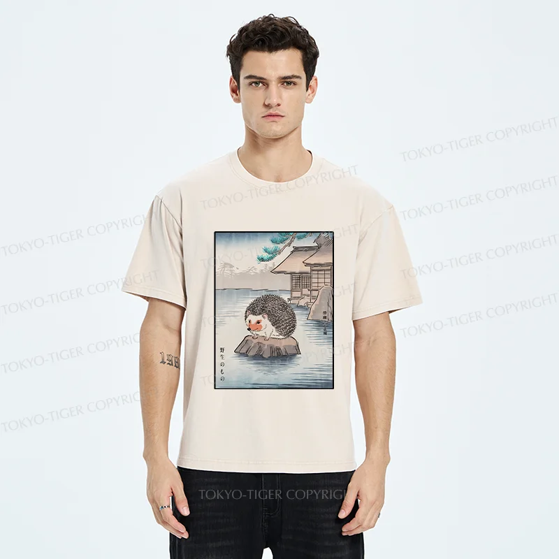 Tokyo-Tiger Hedgehog Taking A Hot Spring Bath Washed T-Shirt
