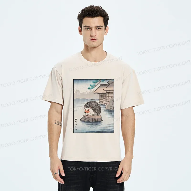 Tokyo-Tiger Hedgehog Taking A Hot Spring Bath Washed T-Shirt