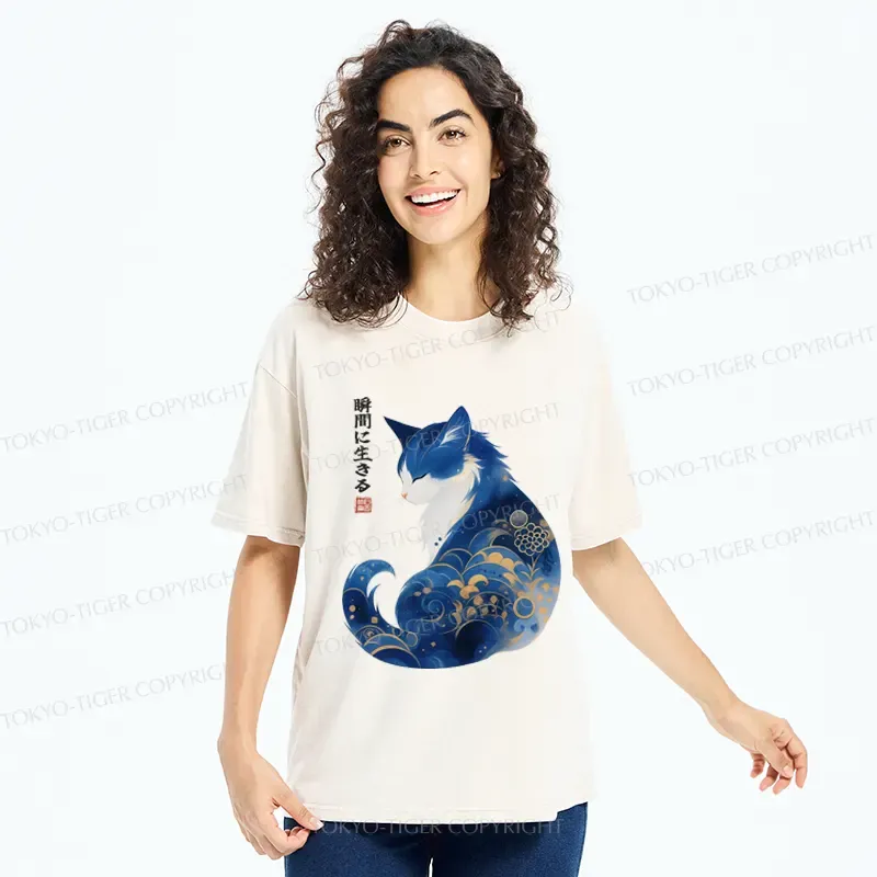 Tokyo-Tiger Retro Zen Cat: Living the Present Washed T-Shirt