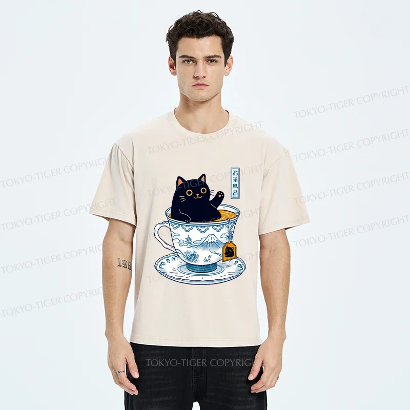 Tokyo-Tiger Cat In Teacup Washed T-Shirt