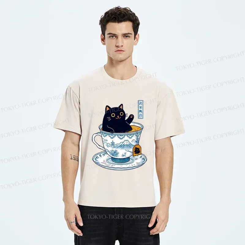 Tokyo-Tiger Cat In Teacup Washed T-Shirt