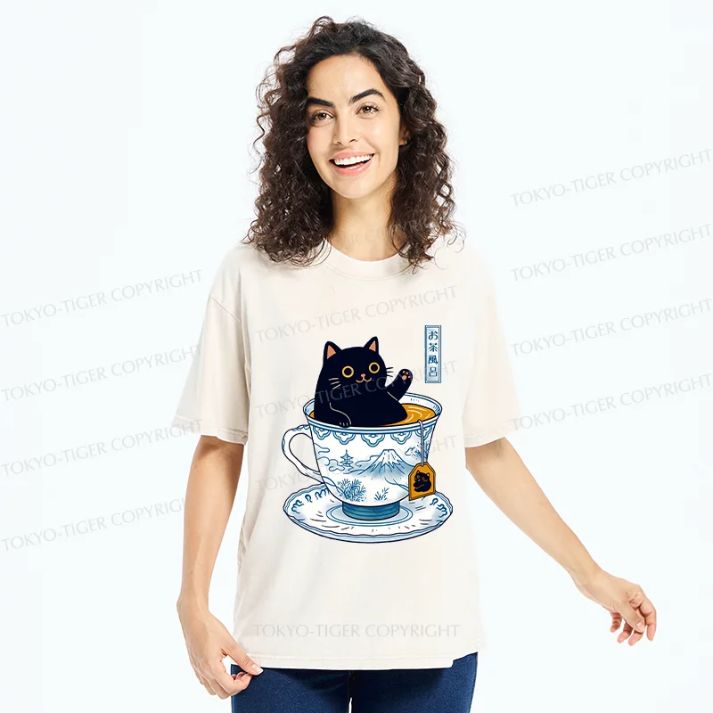 Tokyo-Tiger Cat In Teacup Washed T-Shirt