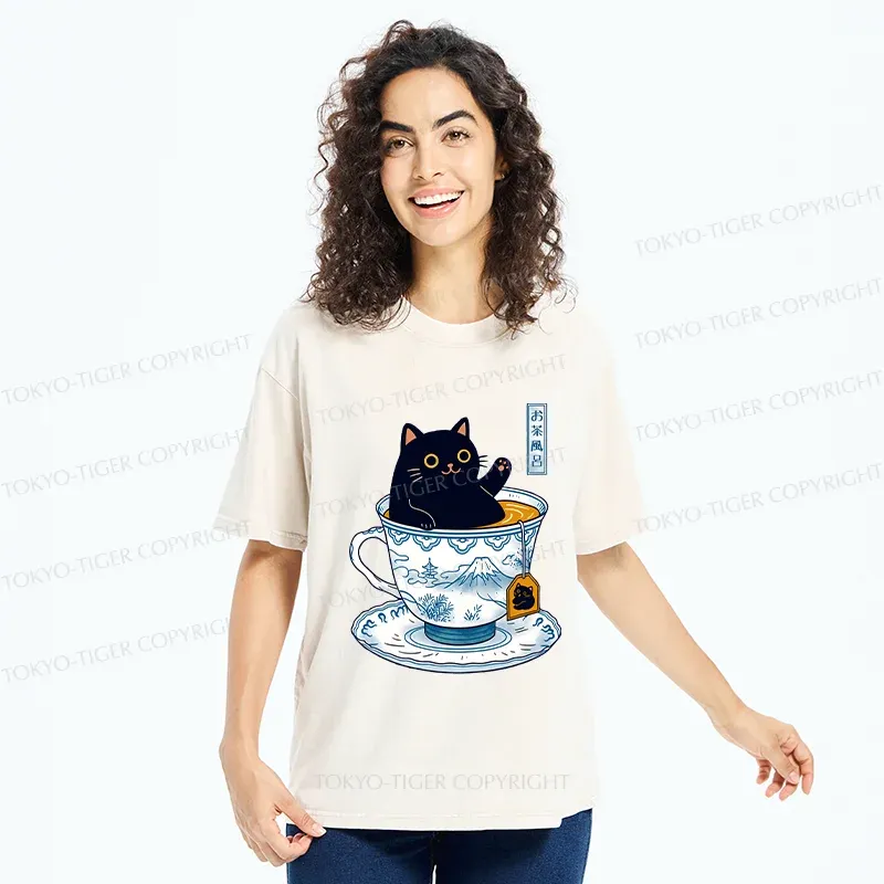 Tokyo-Tiger Cat In Teacup Washed T-Shirt