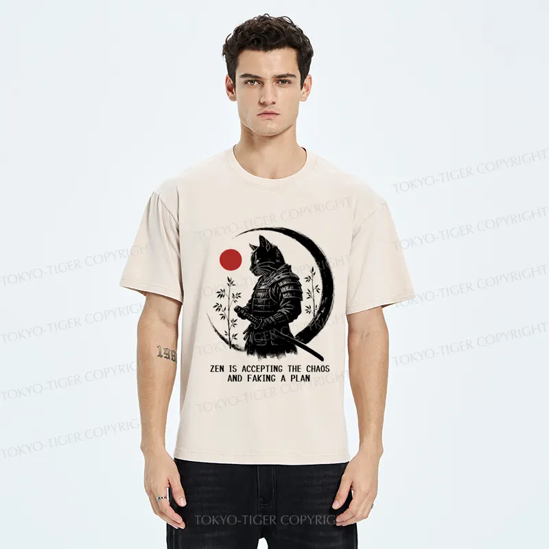 Tokyo-Tiger Zen Cat: Warrior of Serenity Washed T-Shirt