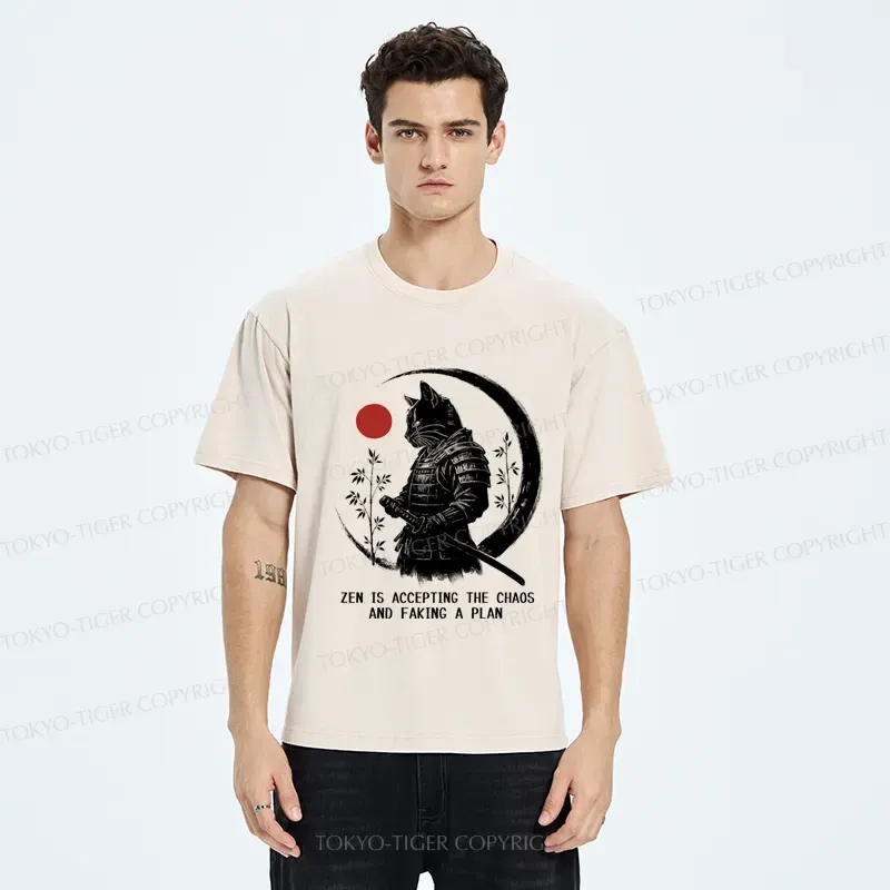 Tokyo-Tiger Zen Cat: Warrior of Serenity Washed T-Shirt