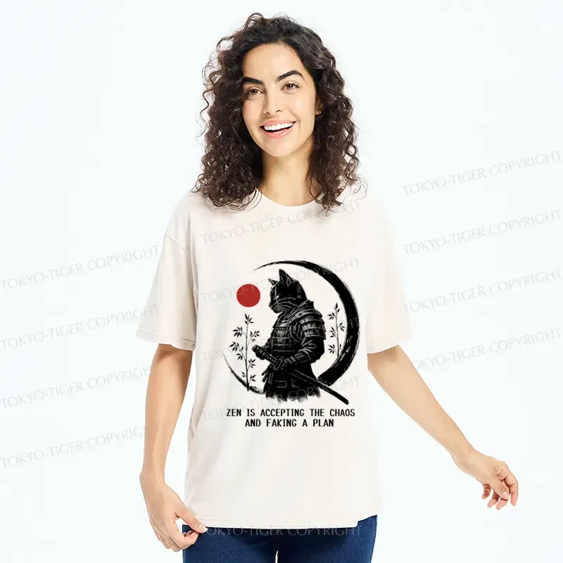 Tokyo-Tiger Zen Cat: Warrior of Serenity Washed T-Shirt