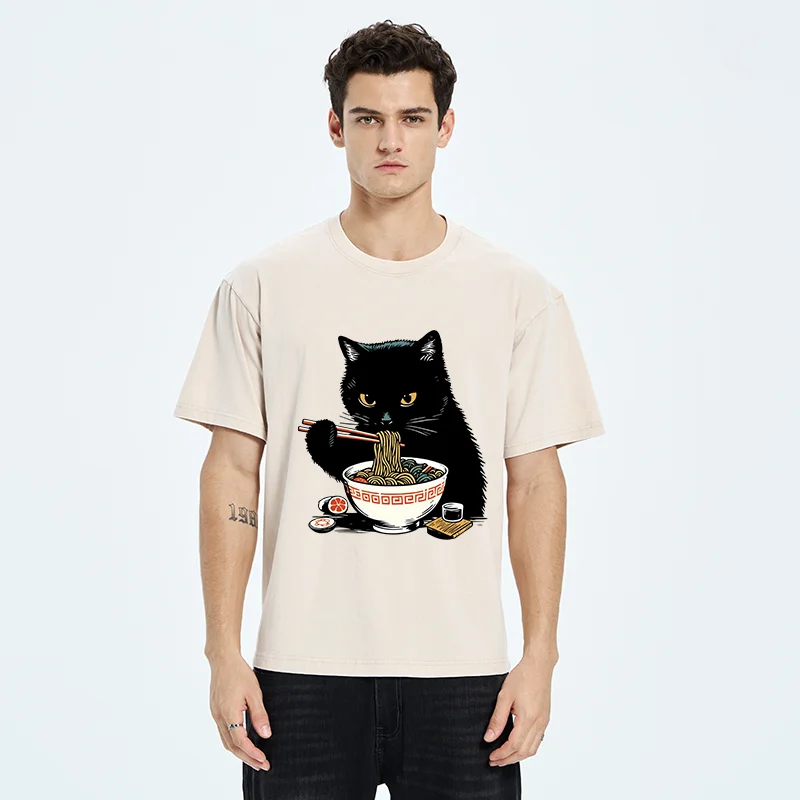 Tokyo-Tiger Cat Eating Favorite Ramen Washed T-Shirt