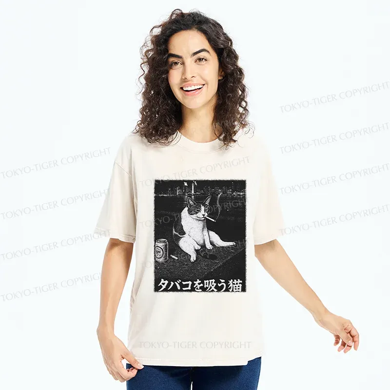 Tokyo-Tiger Smoking Cat Funny Washed T-Shirt