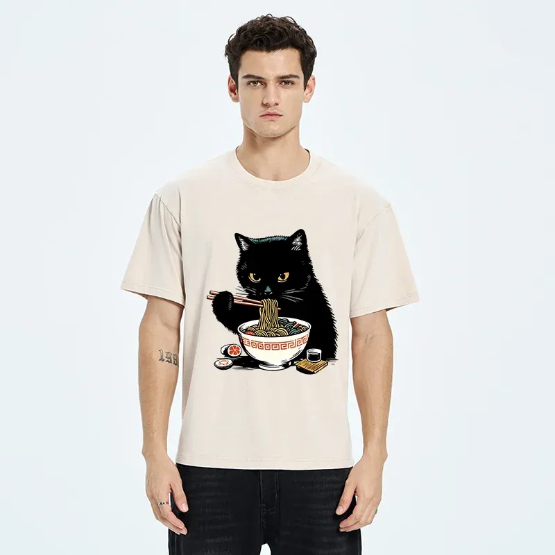 Tokyo-Tiger Cat Eating Favorite Ramen Washed T-Shirt