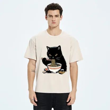 Tokyo-Tiger Cat Eating Favorite Ramen Washed T-Shirt