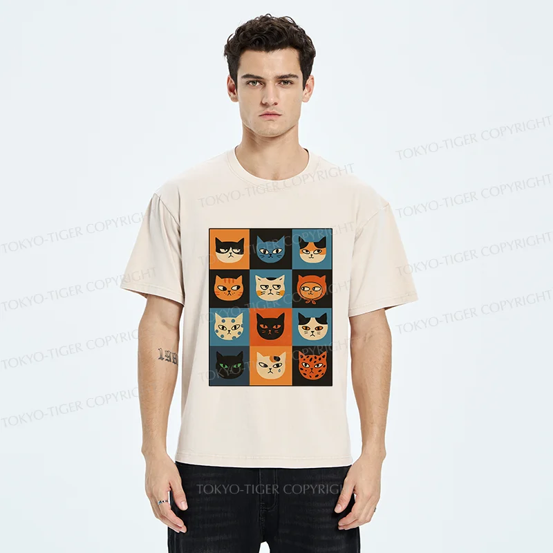 Tokyo-Tiger Cat Stamps Washed T-Shirt