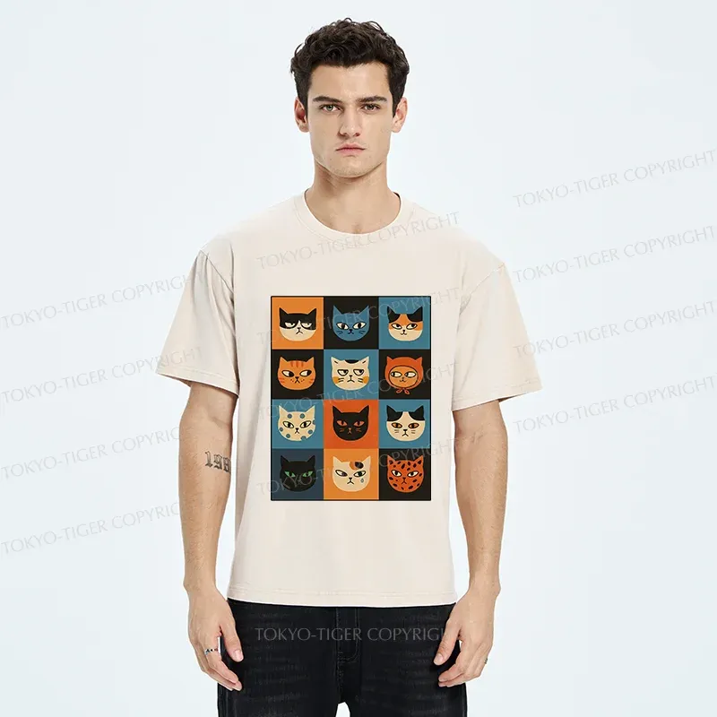 Tokyo-Tiger Cat Stamps Washed T-Shirt