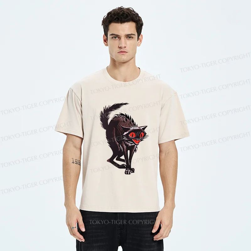Tokyo-Tiger Halloween Scary Black Cat Washed T-Shirt