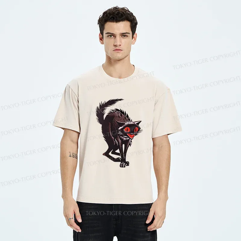 Tokyo-Tiger Halloween Scary Black Cat Washed T-Shirt