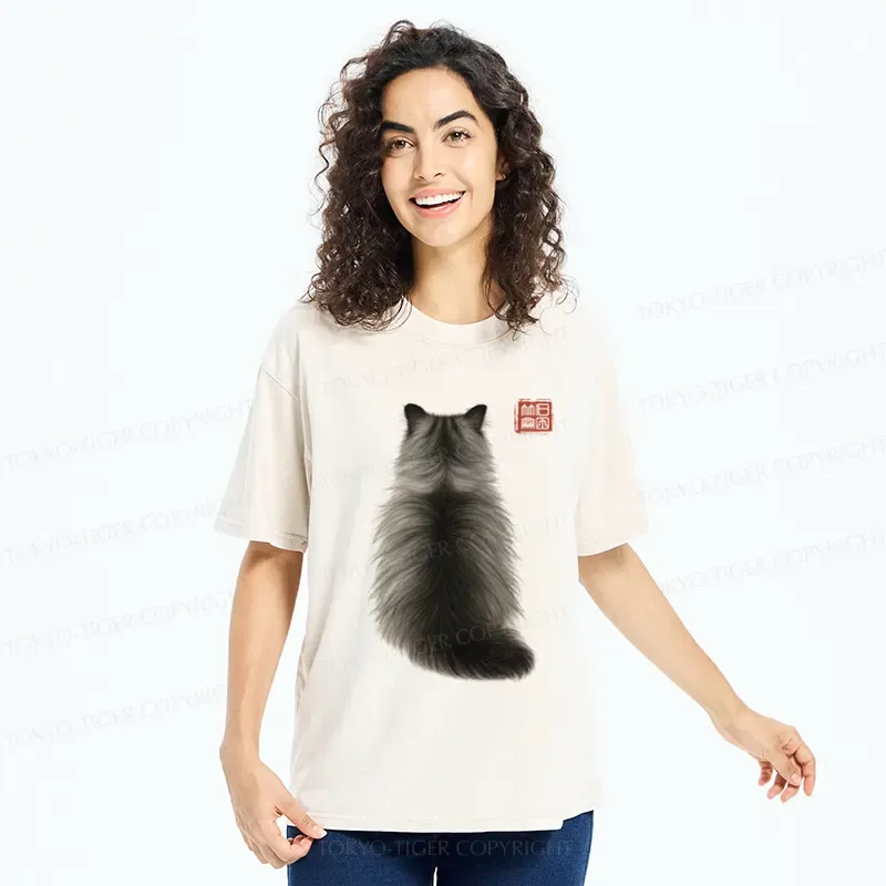 Tokyo-Tiger Cat's Back Ink Painting Washed T-Shirt