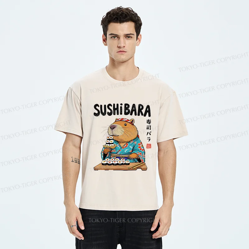 Tokyo-Tiger Capybara Sushi Chef Washed T-Shirt