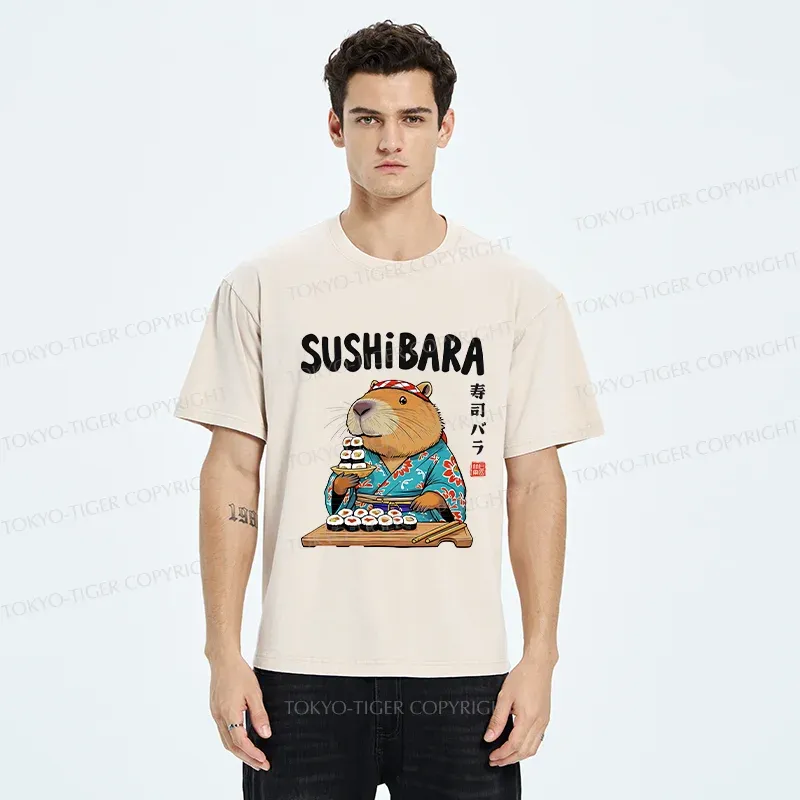 Tokyo-Tiger Capybara Sushi Chef Washed T-Shirt