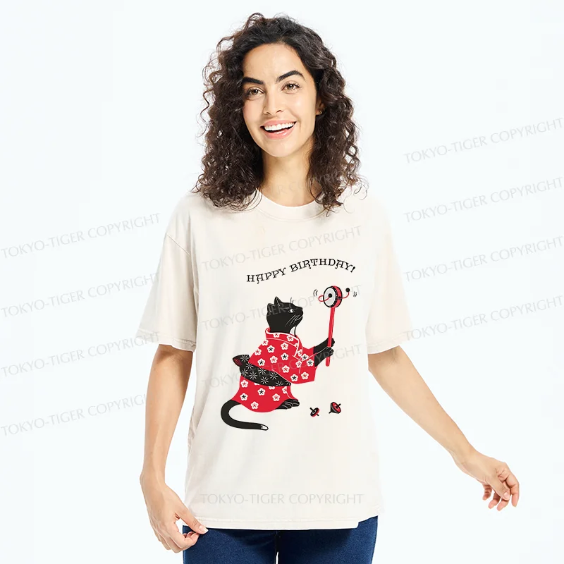 Tokyo-Tiger Birthday Cat Washed T-Shirt