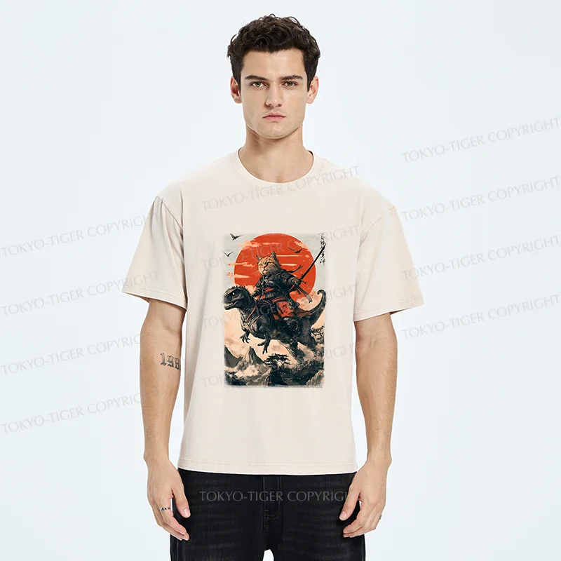 Tokyo-Tiger Brave Cat Samurai Washed T-Shirt