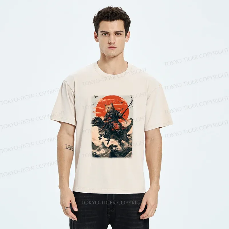 Tokyo-Tiger Brave Cat Samurai Washed T-Shirt