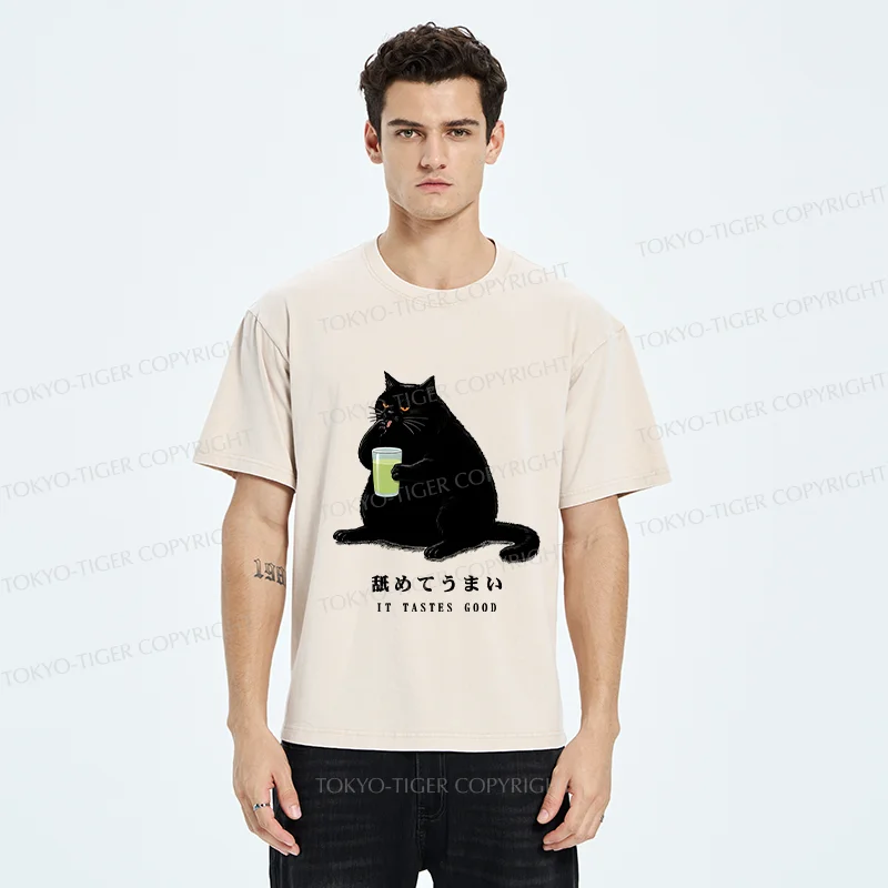Tokyo-Tiger Cat Tasting Matcha Washed T-Shirt