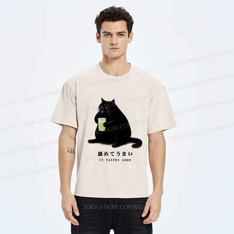 Tokyo-Tiger Cat Tasting Matcha Washed T-Shirt