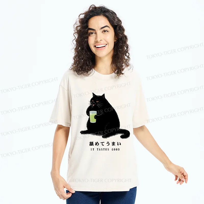 Tokyo-Tiger Cat Tasting Matcha Washed T-Shirt