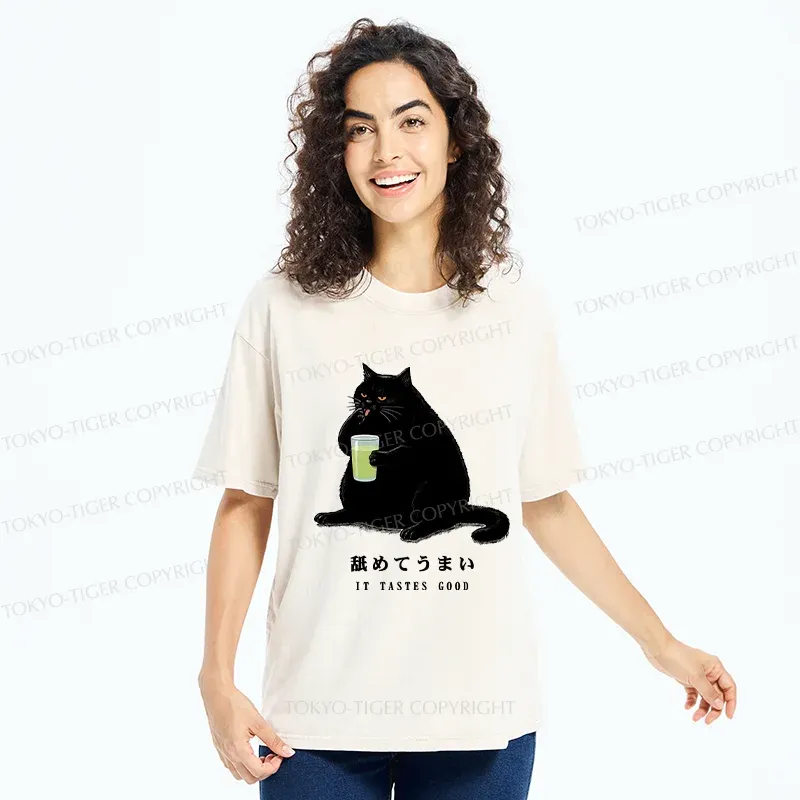 Tokyo-Tiger Cat Tasting Matcha Washed T-Shirt